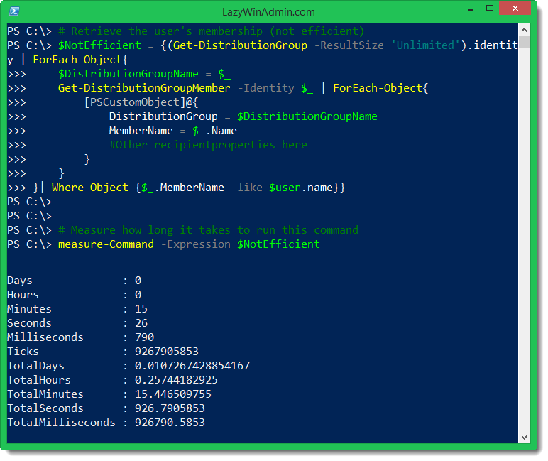 Screenshot from "PowerShell/Office 365 - Get an Exchange Online user’s distribution groups efficiently" (1)