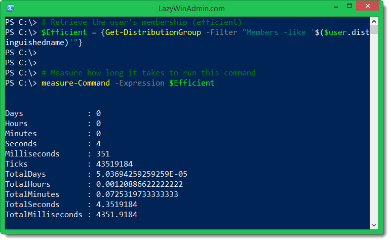 Screenshot from "PowerShell/Office 365 - Get an Exchange Online user’s distribution groups efficiently" (2)